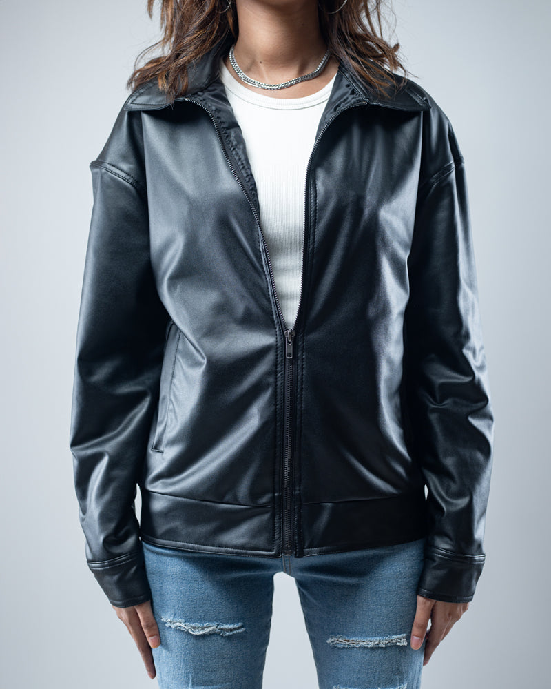 Solid Faux Leather Jacket