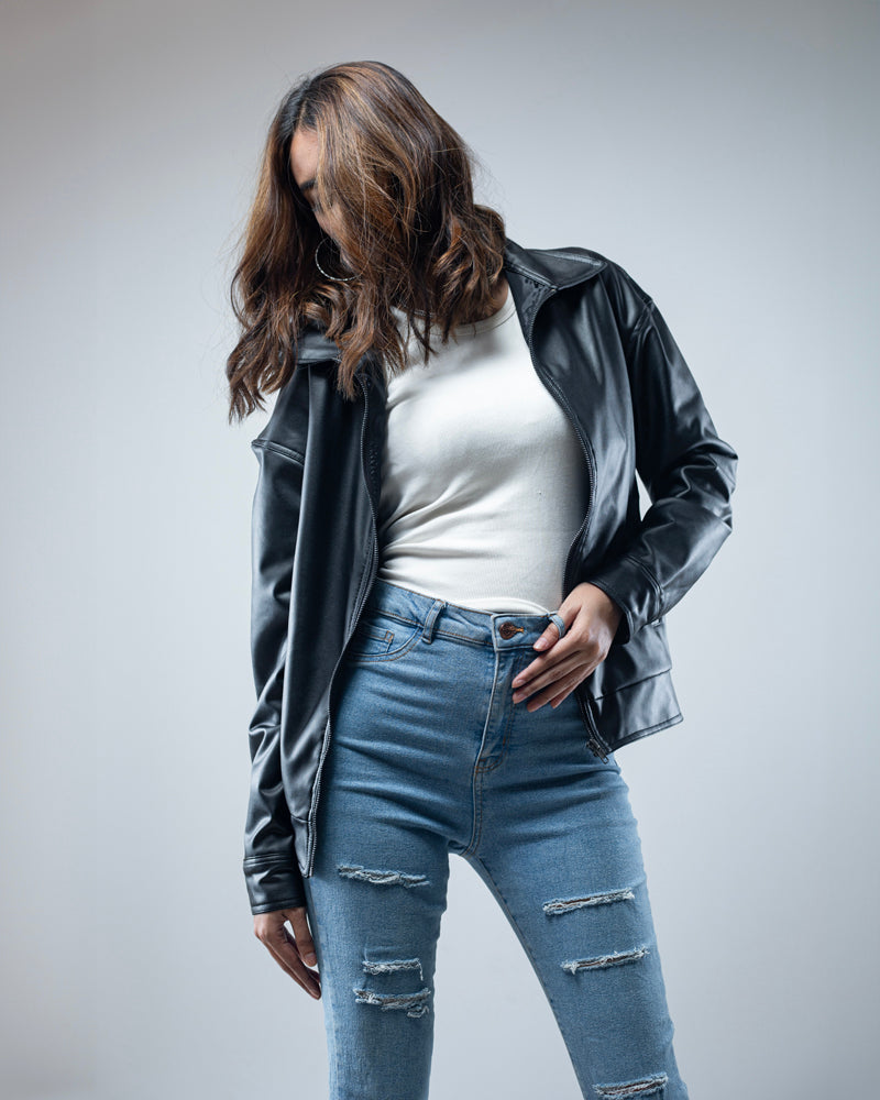 Solid Faux Leather Jacket