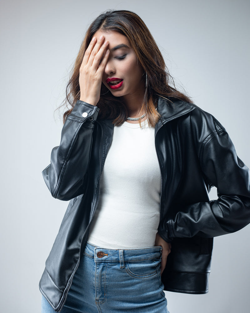 Solid Faux Leather Jacket