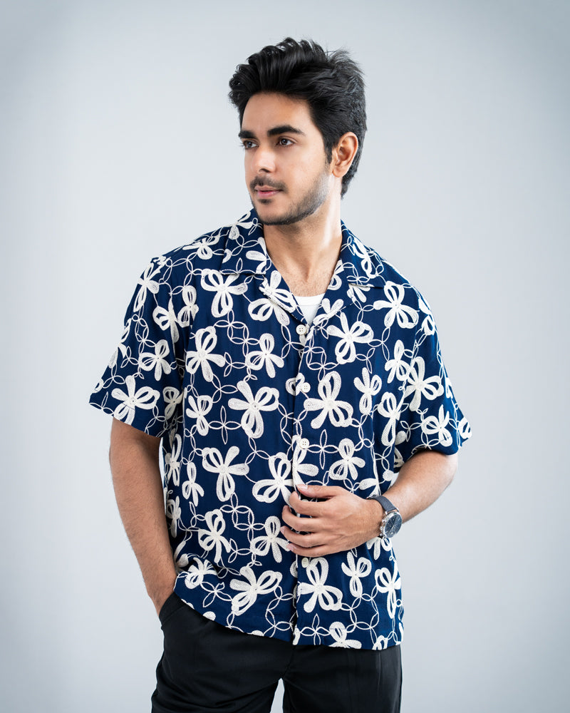 Oversized Drop Shoulder Embroidered Cuban Shirt