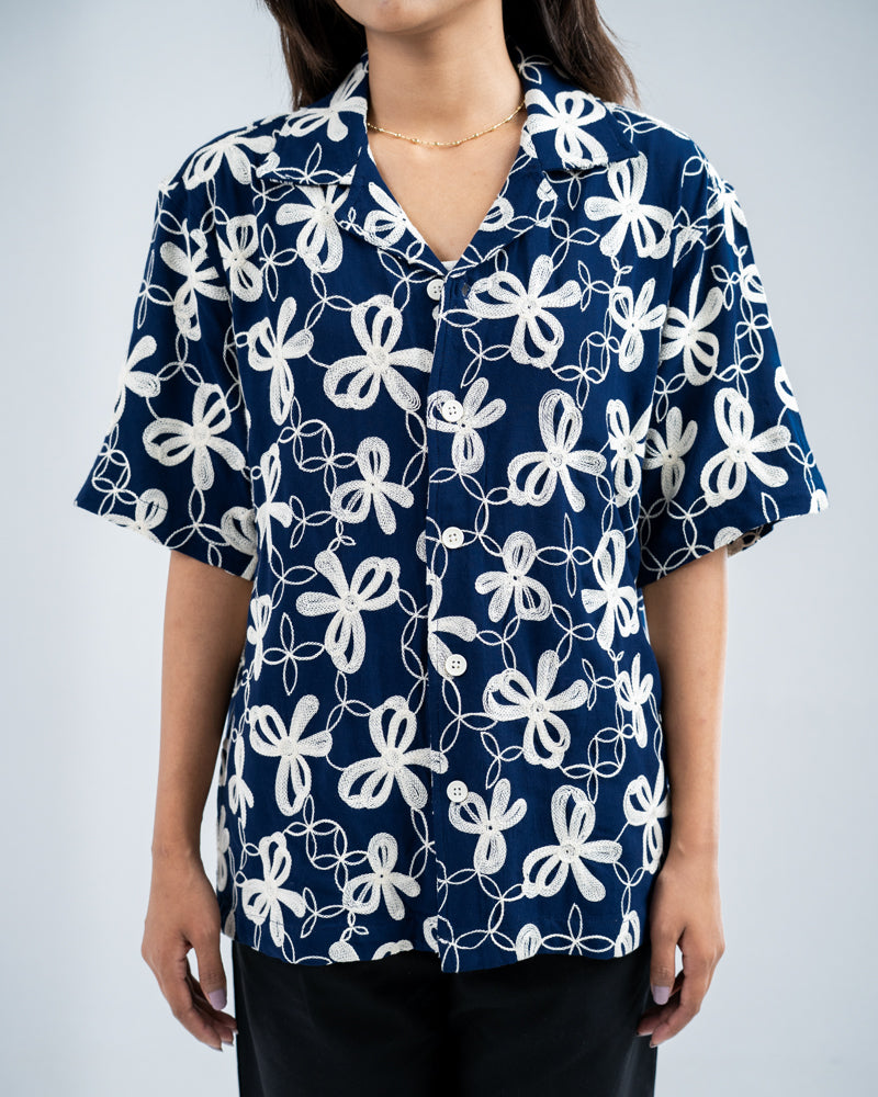 Oversized Drop Shoulder Embroidered Cuban Shirt