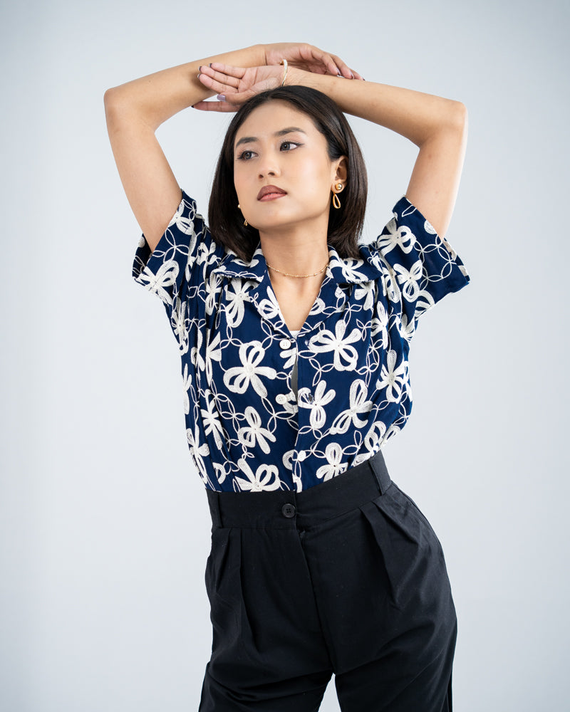 Oversized Drop Shoulder Embroidered Cuban Shirt