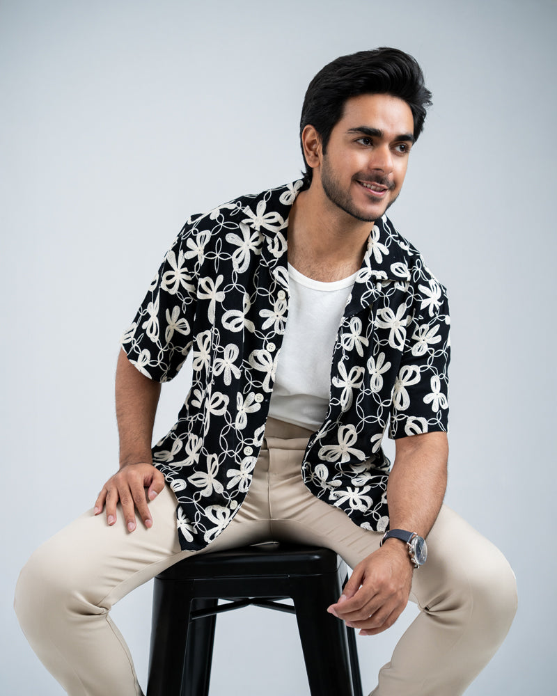 Oversized Drop Shoulder Embroidered Cuban Shirt