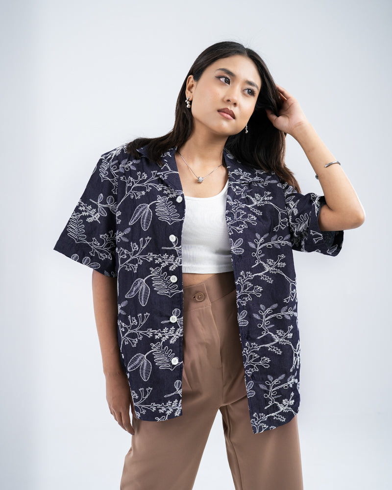 Oversized Drop Shoulder Denim Cuban Shirt