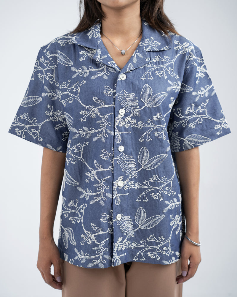 Oversized Drop Shoulder Denim Cuban Shirt