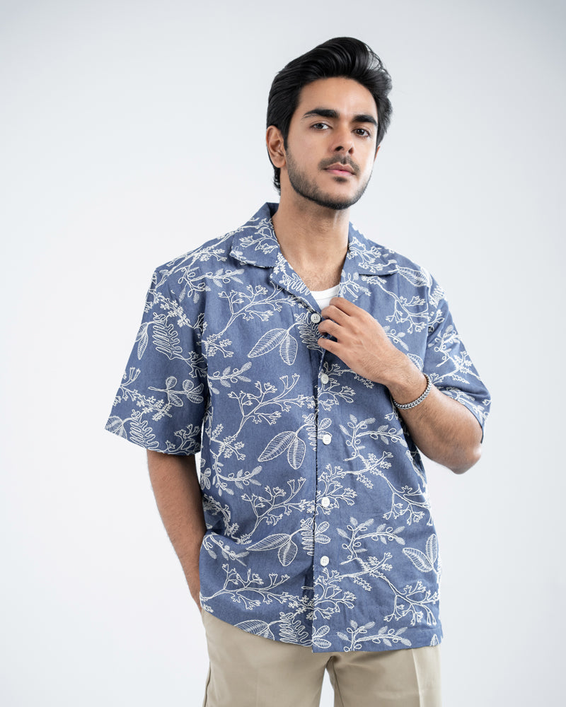 Oversized Drop Shoulder Denim Cuban Shirt