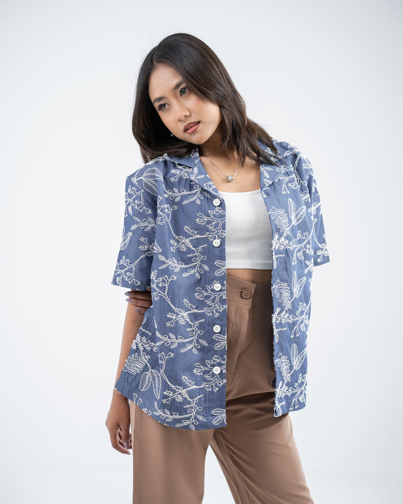 Oversized Drop Shoulder Denim Cuban Shirt