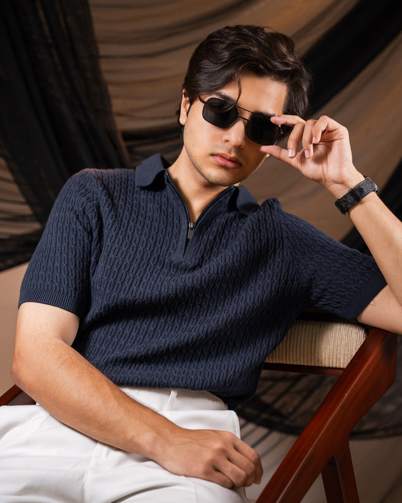 Zip-Up Loop Patterned Knit Polo