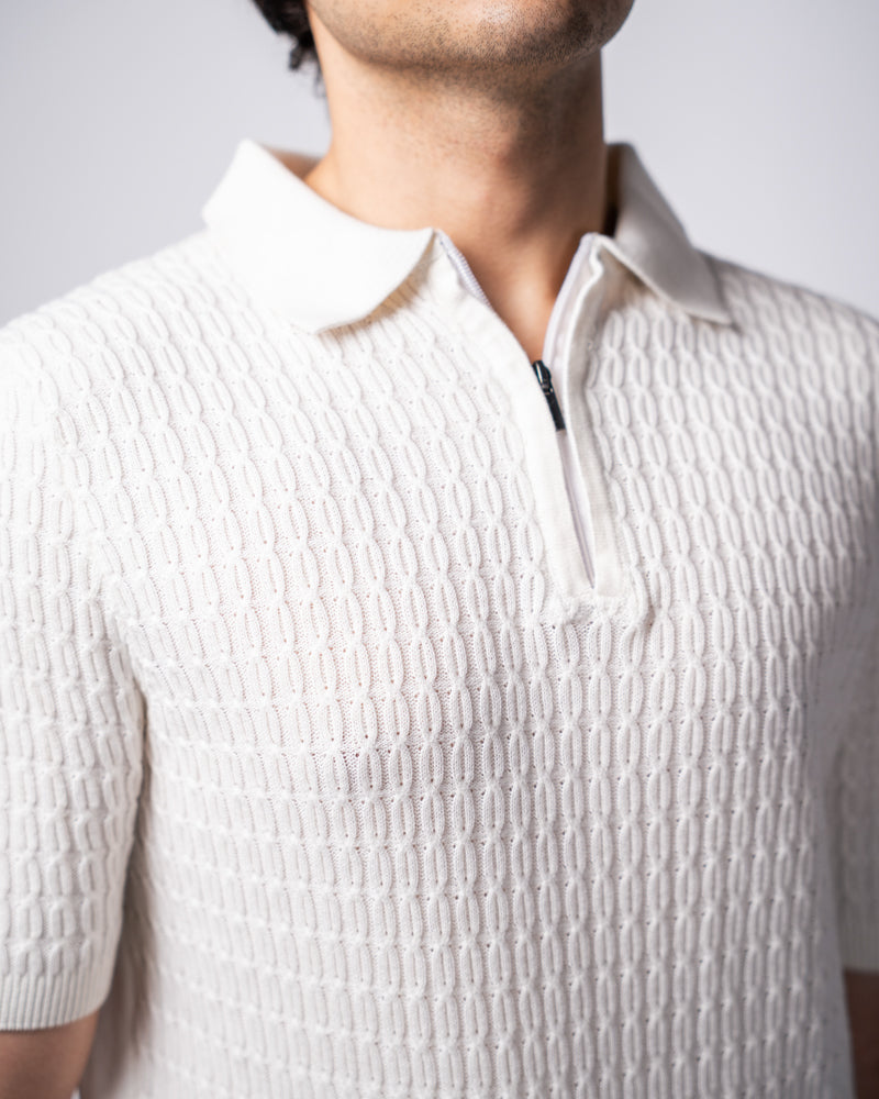 Zip-Up Loop Patterned Knit Polo