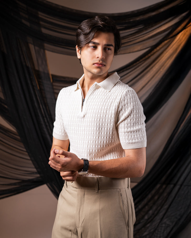 Zip-Up Loop Patterned Knit Polo