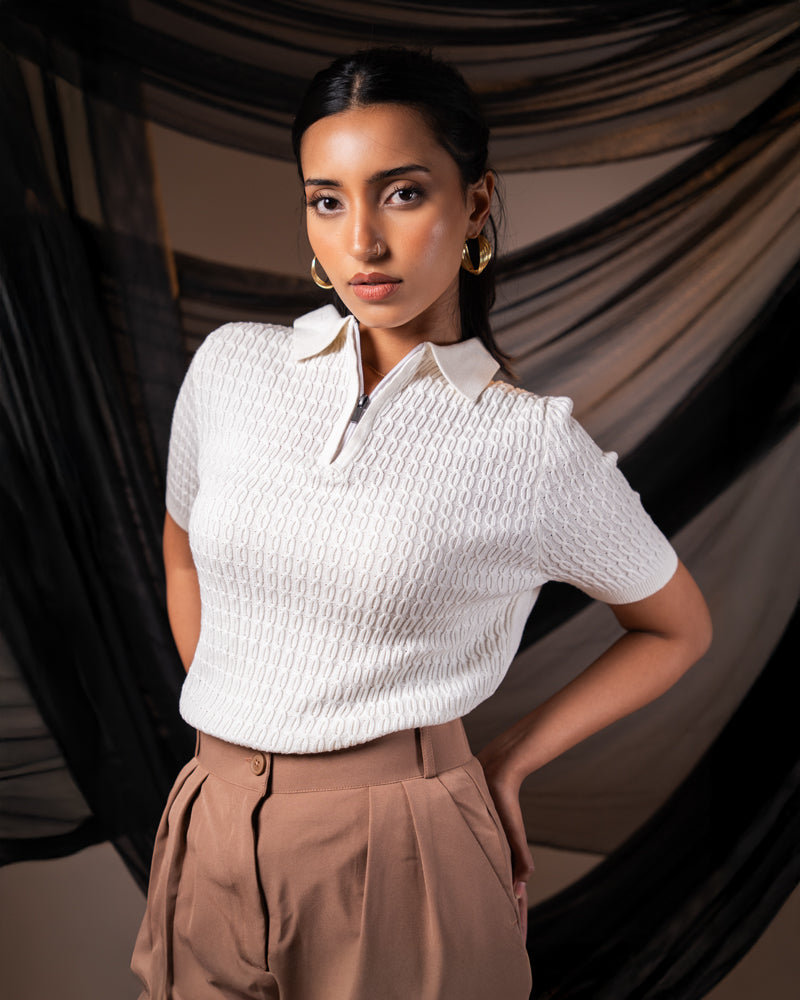 Zip-Up Loop Patterned Knit Polo