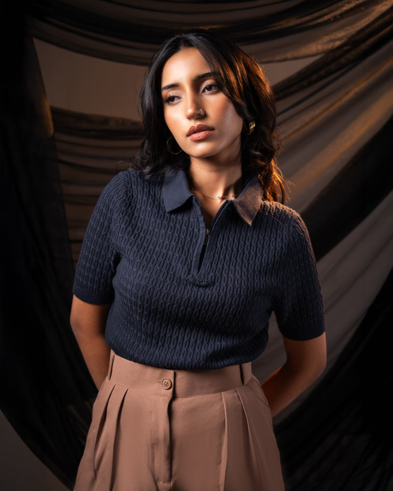 Zip-Up Loop Patterned Knit Polo