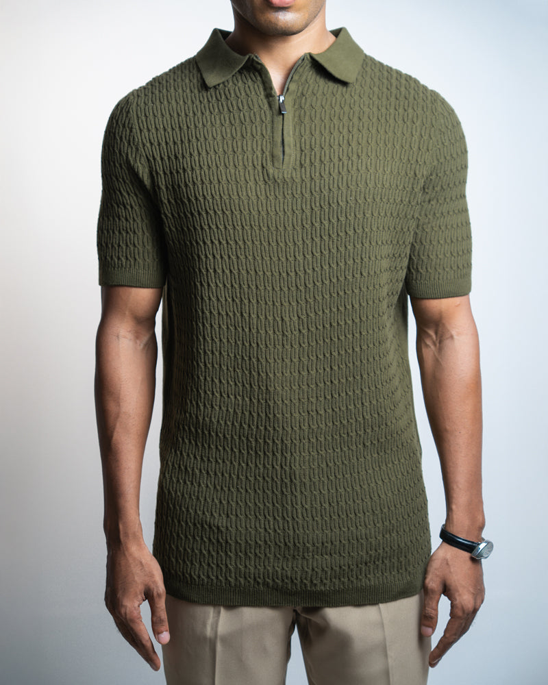 Zip-Up Loop Patterned Knit Polo