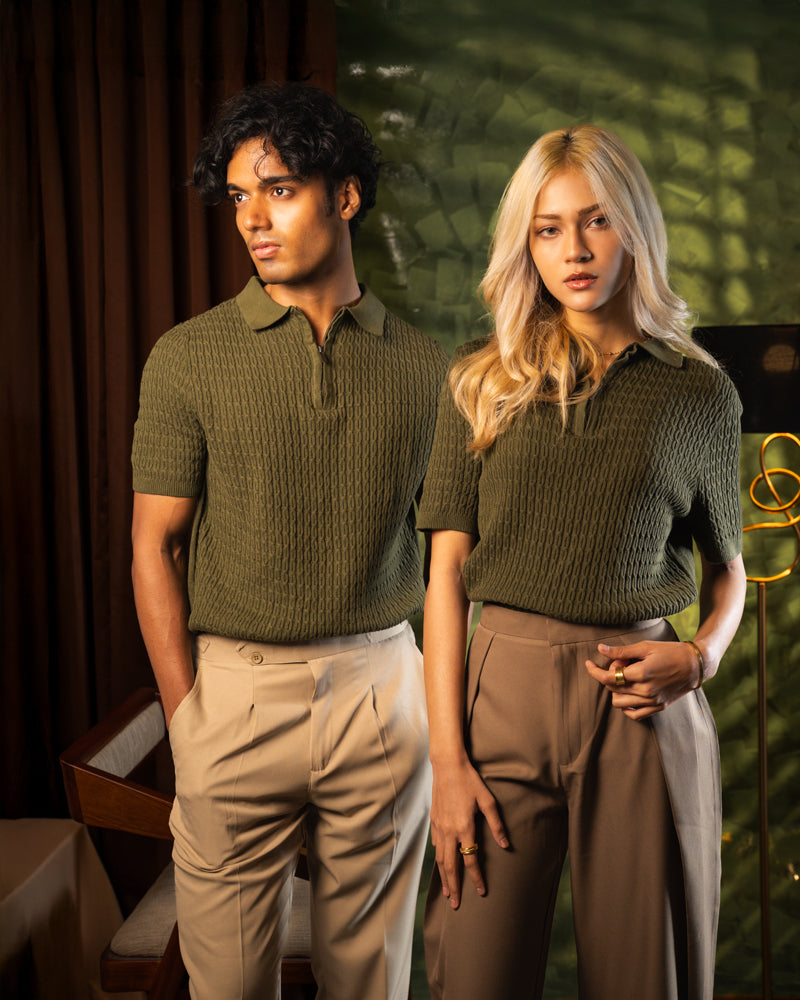 Zip-Up Loop Patterned Knit Polo