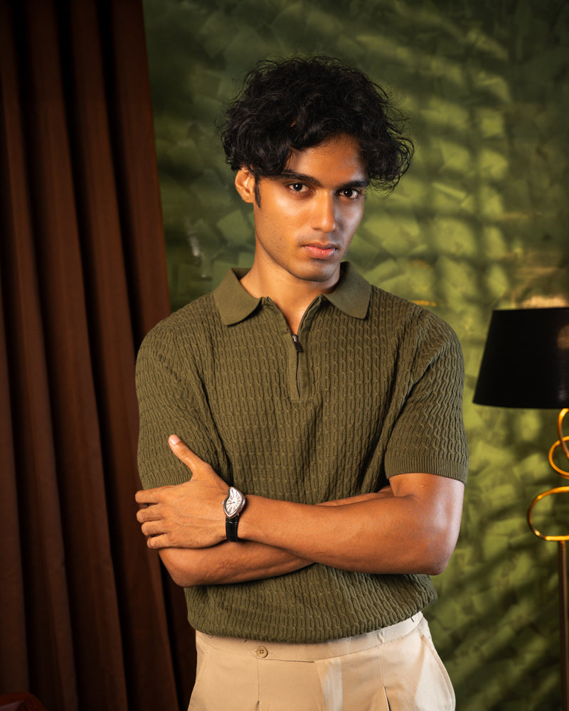 Zip-Up Loop Patterned Knit Polo