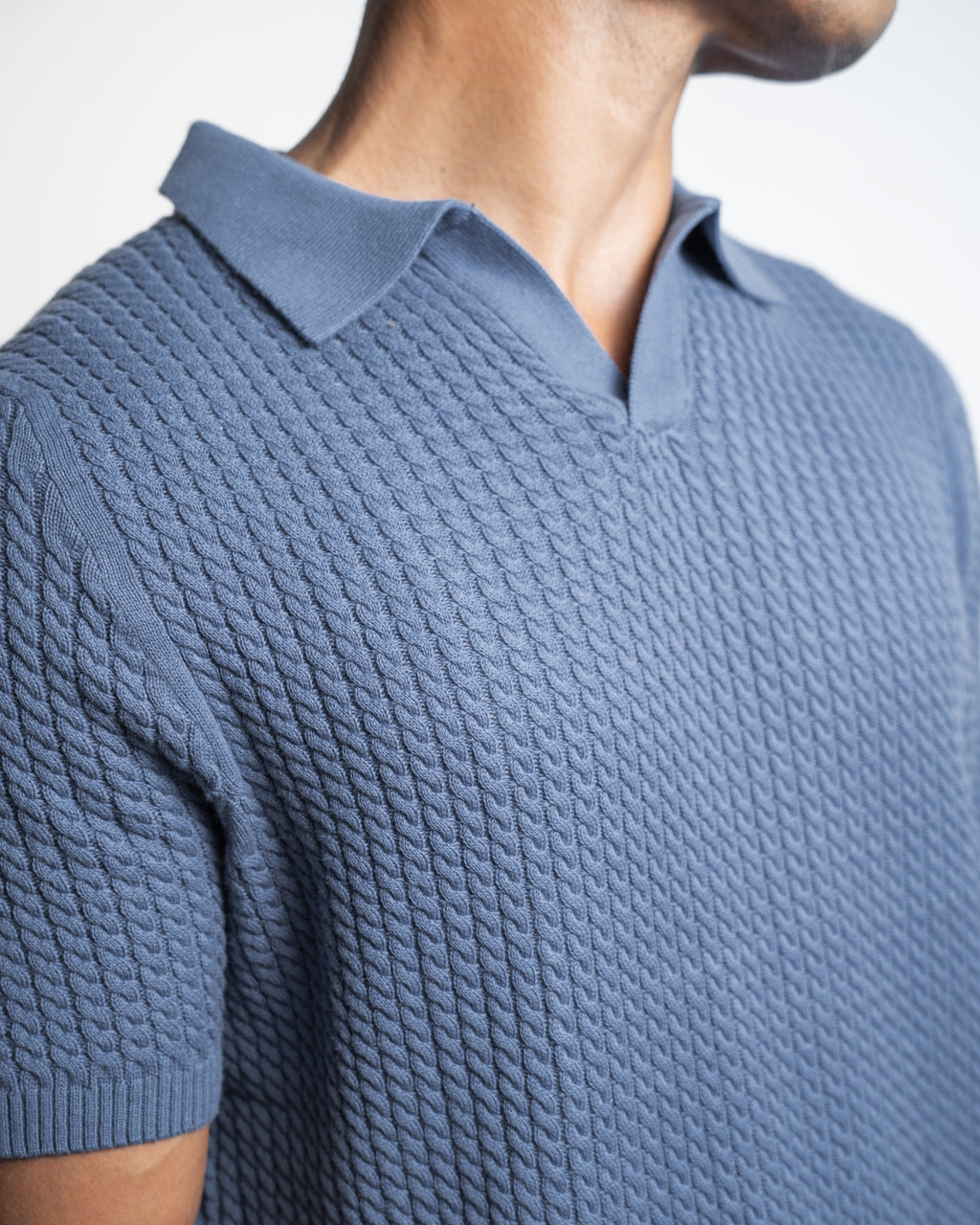 Braided Cable Knit Polo in Cornflower Blue