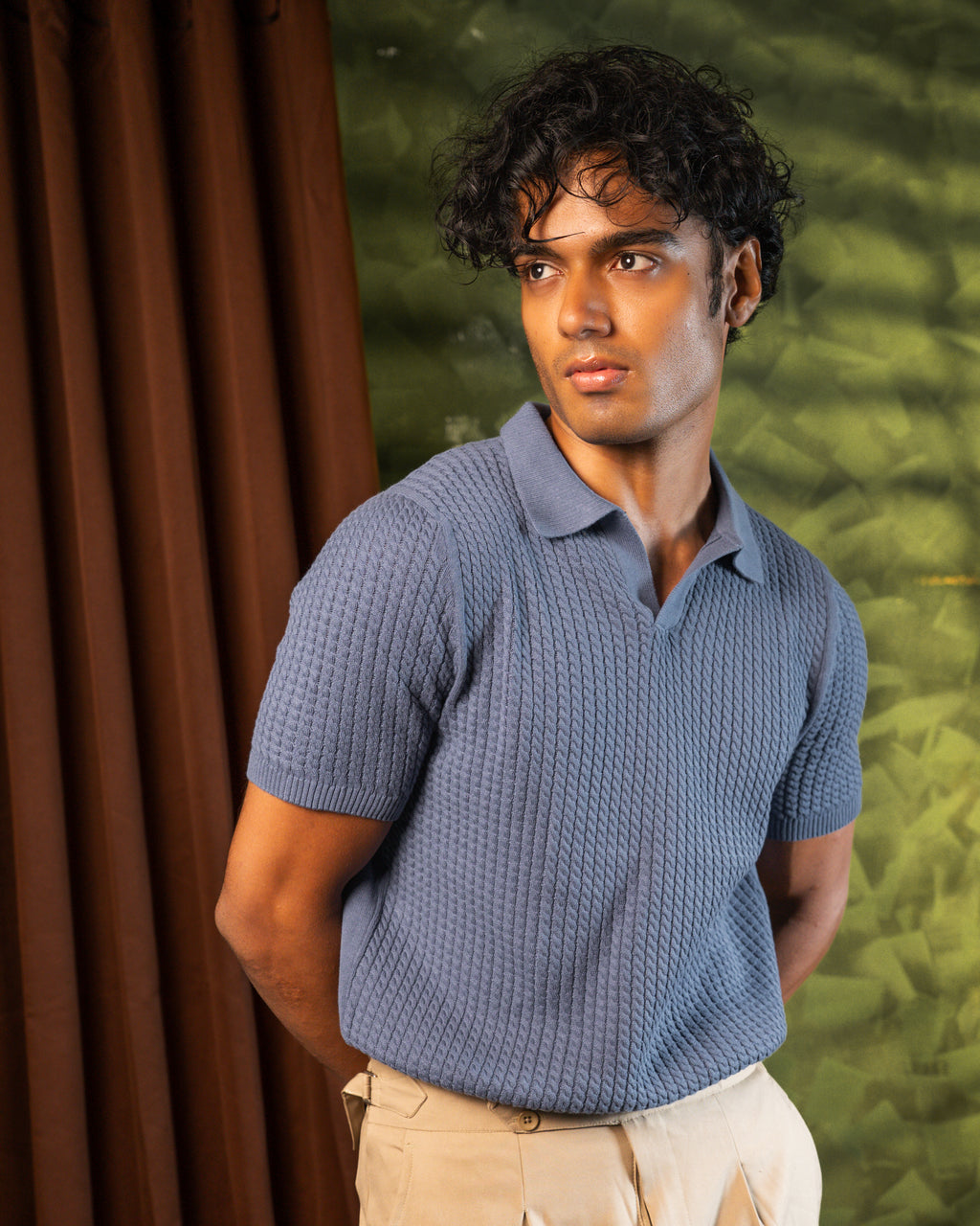 Braided Cable Knit Polo in Cornflower Blue