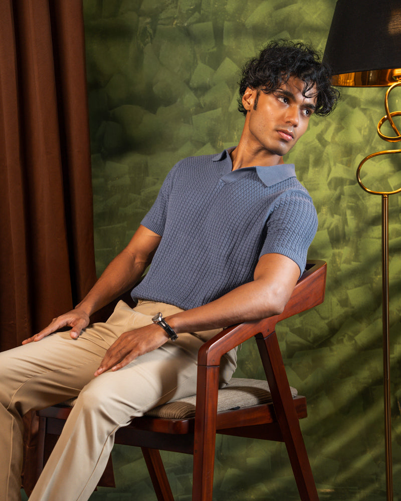 Braided Cable Knit Polo in Cornflower Blue