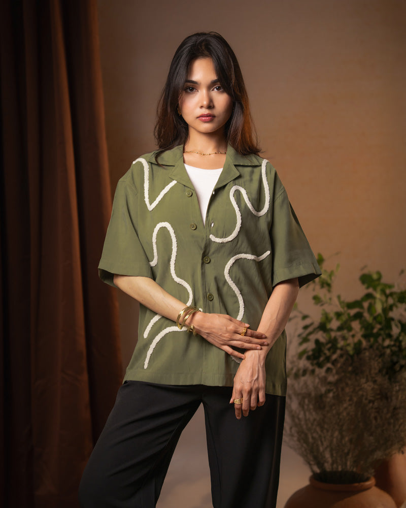 Embroidered Driftline Patterned Half Sleeve Oversized Drop Shoulder Cuban Shirt