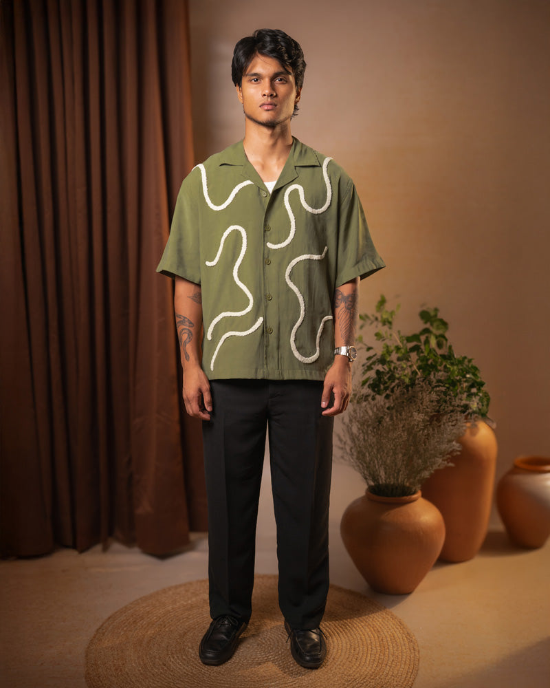 Embroidered Driftline Patterned Half Sleeve Oversized Drop Shoulder Cuban Shirt