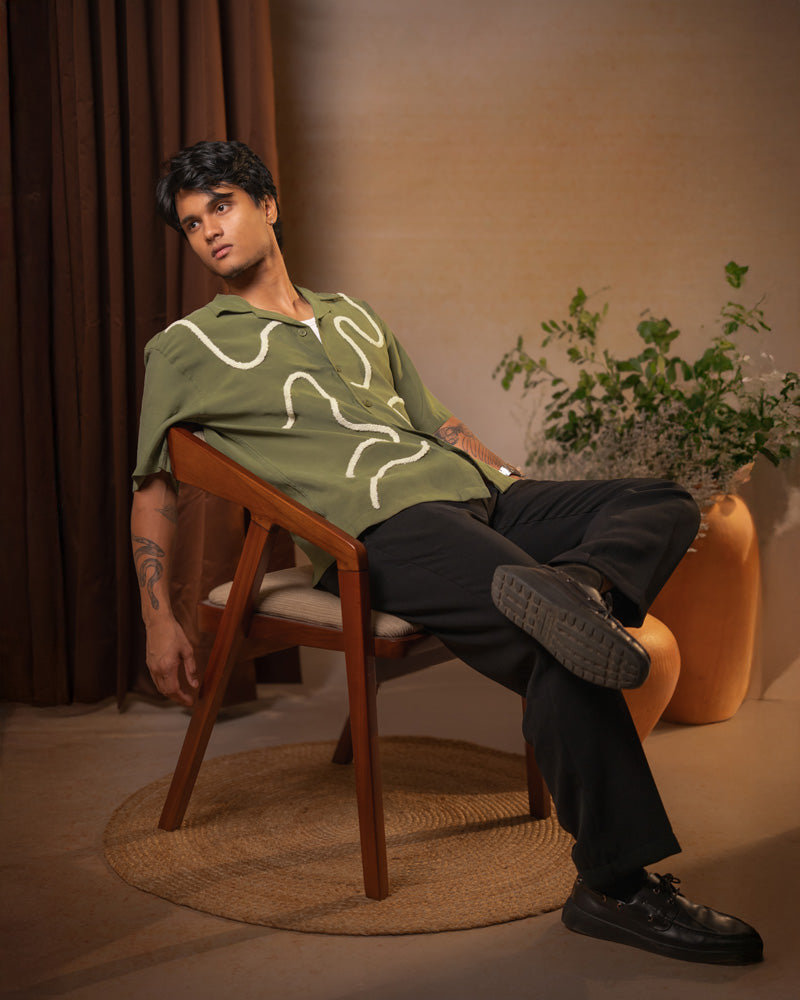 Embroidered Driftline Patterned Half Sleeve Oversized Drop Shoulder Cuban Shirt