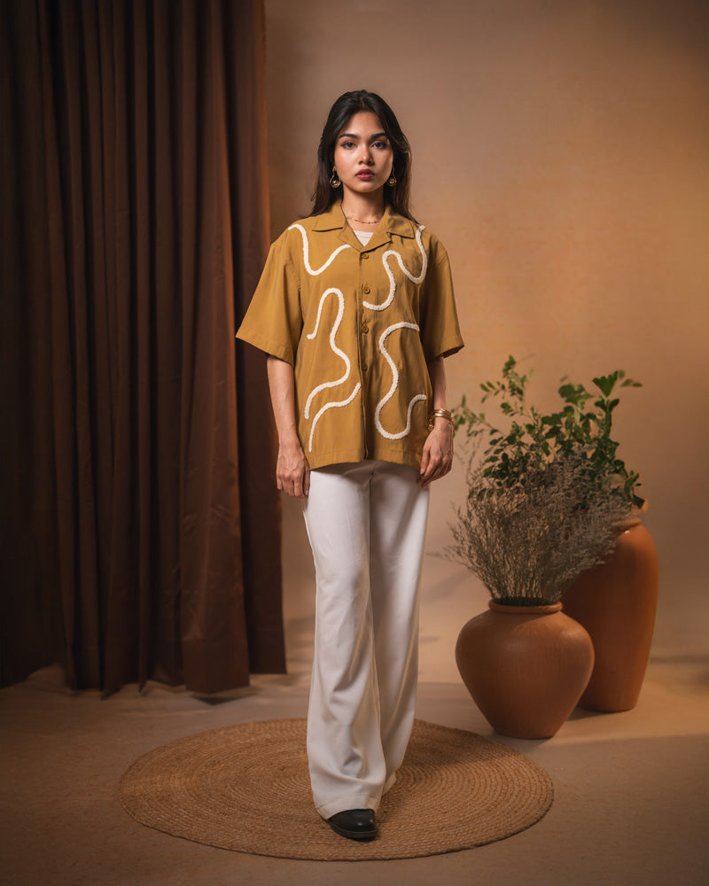 Embroidered Driftline Patterned Half Sleeve Oversized Drop Shoulder Cuban Shirt