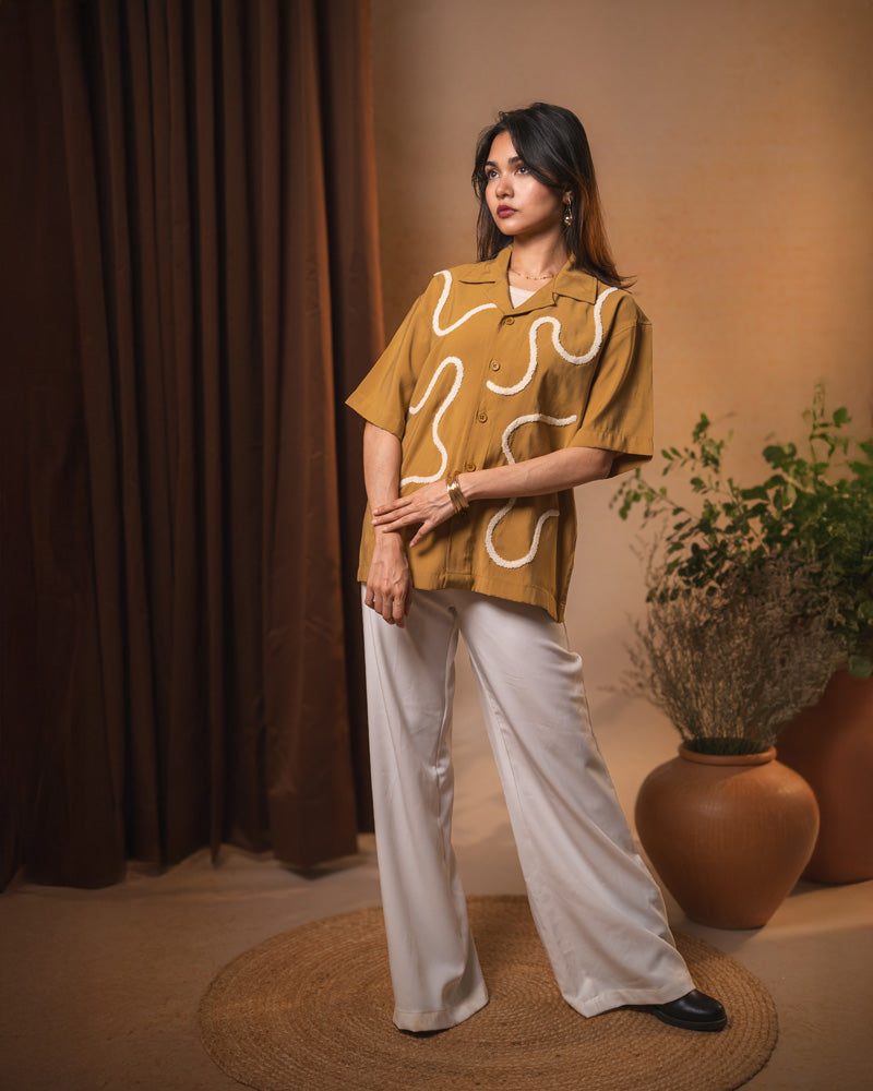 Embroidered Driftline Patterned Half Sleeve Oversized Drop Shoulder Cuban Shirt