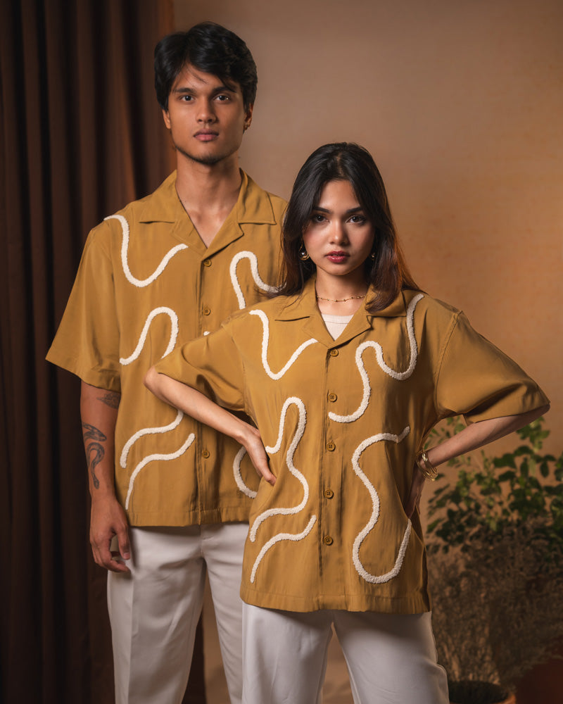 Embroidered Driftline Patterned Half Sleeve Oversized Drop Shoulder Cuban Shirt