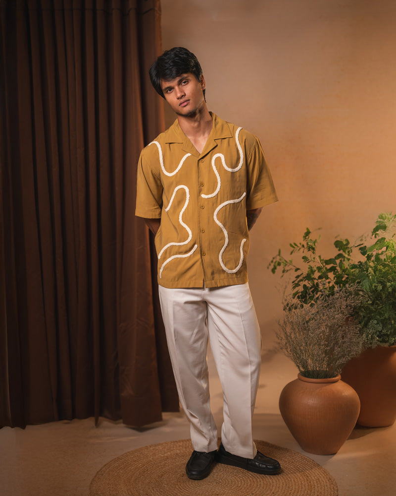 Embroidered Driftline Patterned Half Sleeve Oversized Drop Shoulder Cuban Shirt